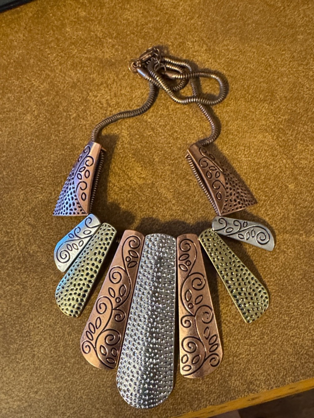 Multi-Tone Statement Pendant Necklace in Copper, Silver, and Bronze